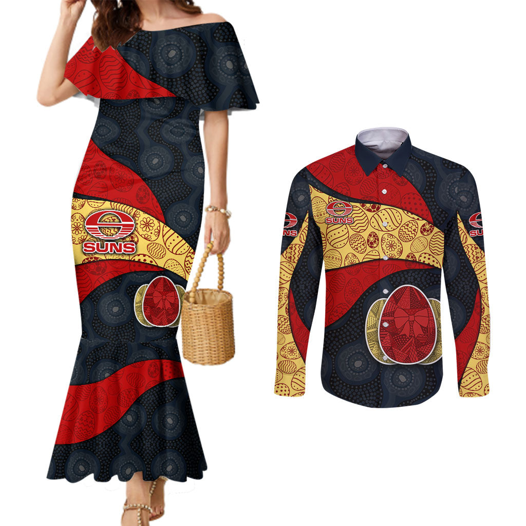 Personalized Suns Football Couples Matching Mermaid Dress and Long Sleeve Button Shirt Easter Egg Pattern Red Yellow Tribal Dot Art Style