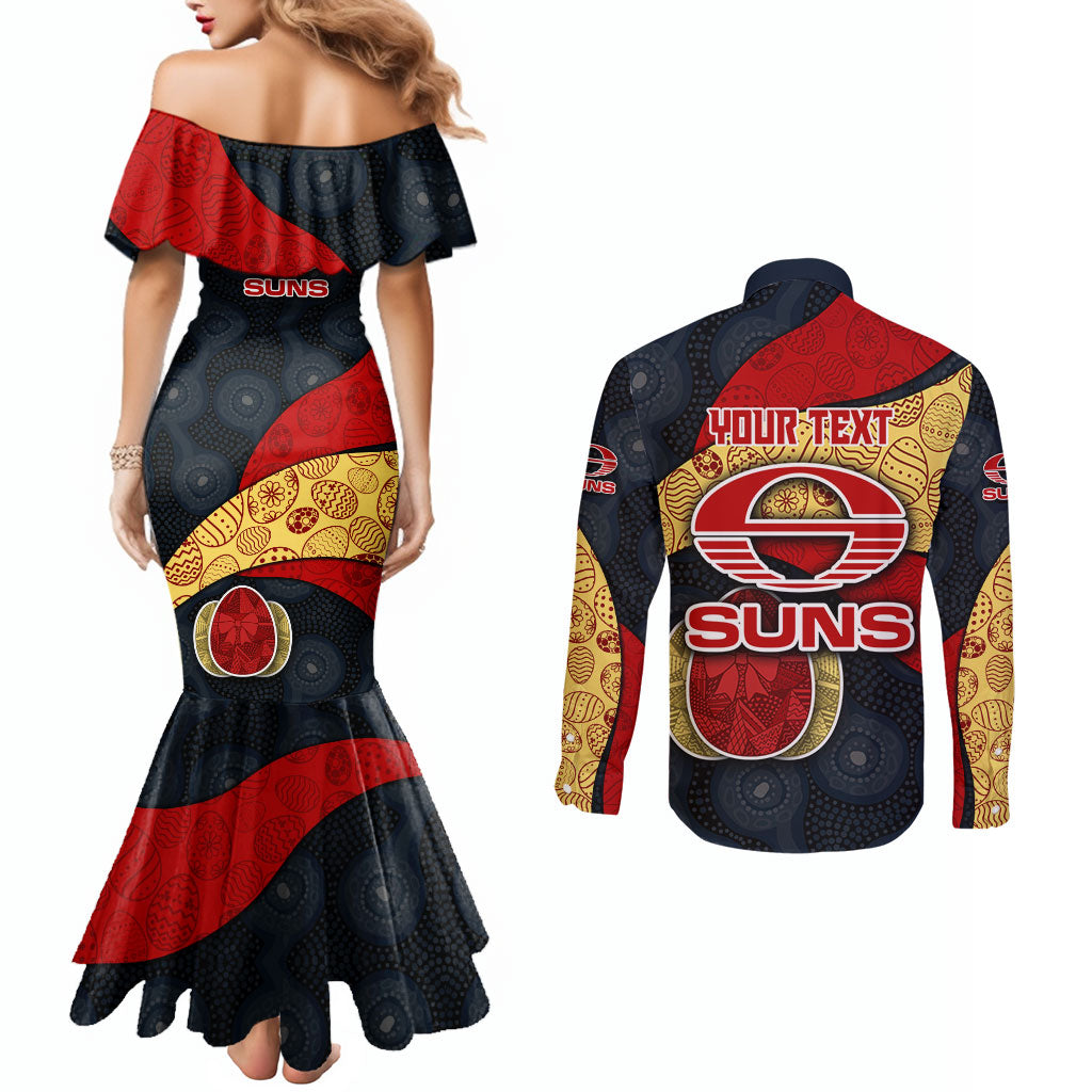 Personalized Suns Football Couples Matching Mermaid Dress and Long Sleeve Button Shirt Easter Egg Pattern Red Yellow Tribal Dot Art Style