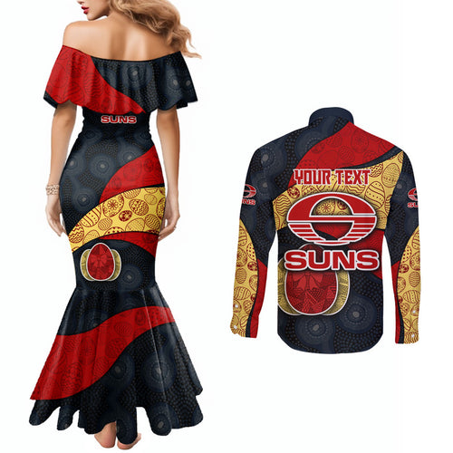 Personalized Suns Football Couples Matching Mermaid Dress and Long Sleeve Button Shirt Easter Egg Pattern Red Yellow Tribal Dot Art Style