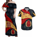 Personalized Suns Football Couples Matching Off Shoulder Maxi Dress and Hawaiian Shirt Easter Egg Pattern Red Yellow Tribal Dot Art Style