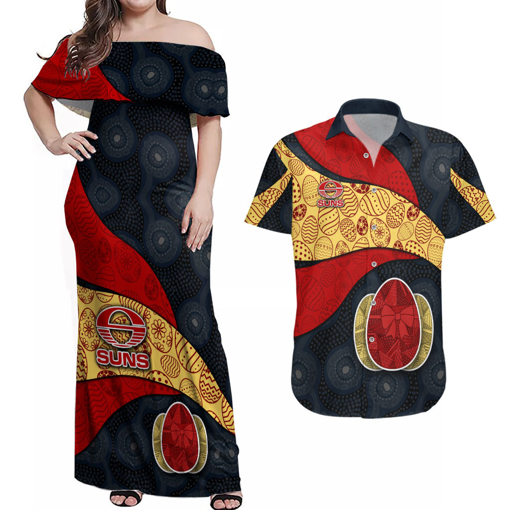 Personalized Suns Football Couples Matching Off Shoulder Maxi Dress and Hawaiian Shirt Easter Egg Pattern Red Yellow Tribal Dot Art Style