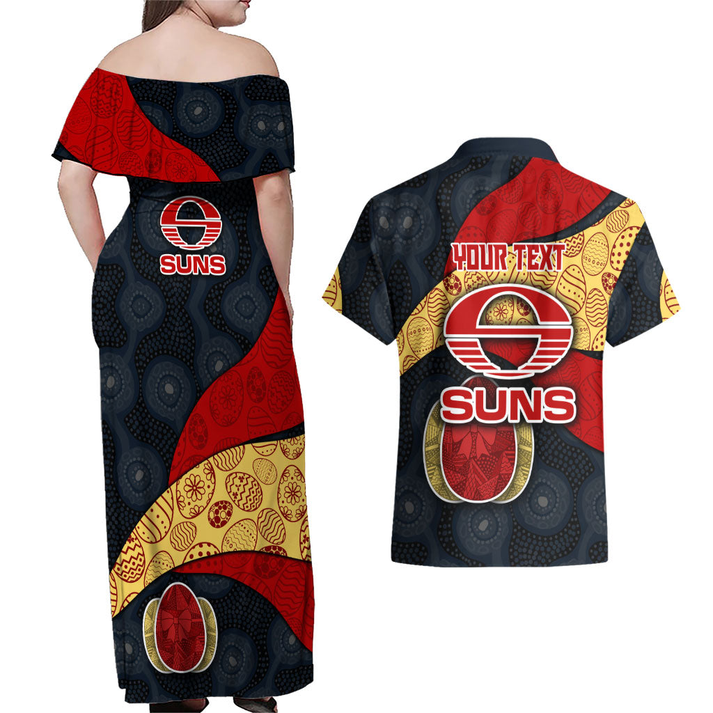 Personalized Suns Football Couples Matching Off Shoulder Maxi Dress and Hawaiian Shirt Easter Egg Pattern Red Yellow Tribal Dot Art Style