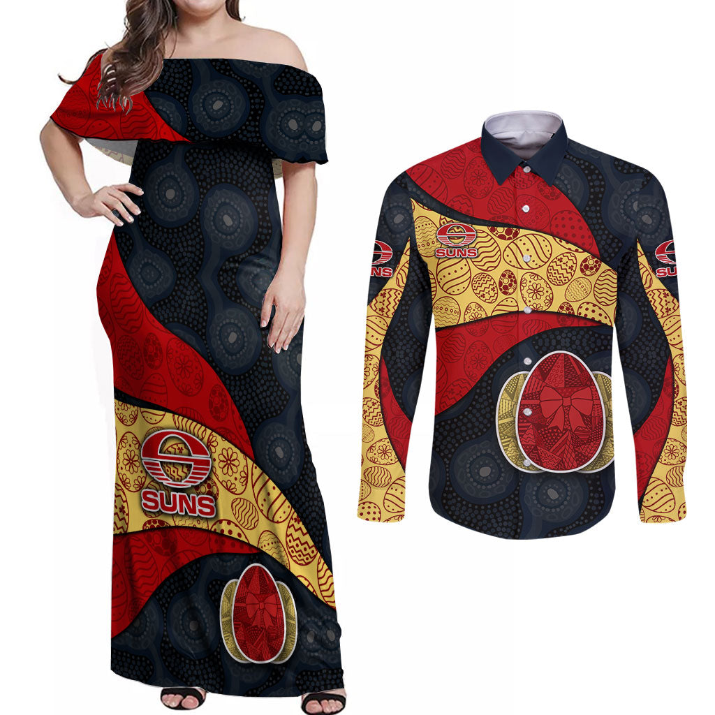 Personalized Suns Football Couples Matching Off Shoulder Maxi Dress and Long Sleeve Button Shirt Easter Egg Pattern Red Yellow Tribal Dot Art Style