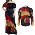 Personalized Suns Football Couples Matching Off Shoulder Maxi Dress and Long Sleeve Button Shirt Easter Egg Pattern Red Yellow Tribal Dot Art Style