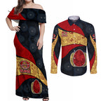Personalized Suns Football Couples Matching Off Shoulder Maxi Dress and Long Sleeve Button Shirt Easter Egg Pattern Red Yellow Tribal Dot Art Style