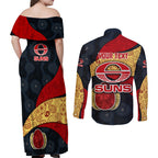 Personalized Suns Football Couples Matching Off Shoulder Maxi Dress and Long Sleeve Button Shirt Easter Egg Pattern Red Yellow Tribal Dot Art Style