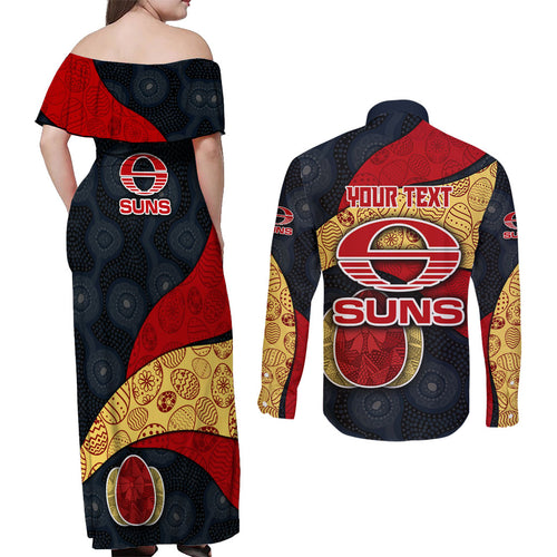 Personalized Suns Football Couples Matching Off Shoulder Maxi Dress and Long Sleeve Button Shirt Easter Egg Pattern Red Yellow Tribal Dot Art Style
