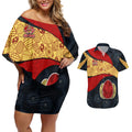 Personalized Suns Football Couples Matching Off Shoulder Short Dress and Hawaiian Shirt Easter Egg Pattern Red Yellow Tribal Dot Art Style