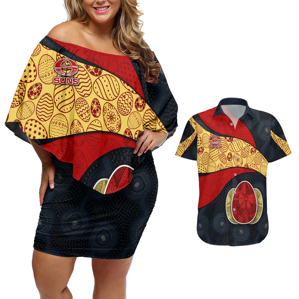 Personalized Suns Football Couples Matching Off Shoulder Short Dress and Hawaiian Shirt Easter Egg Pattern Red Yellow Tribal Dot Art Style