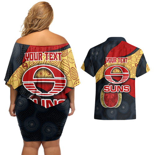 Personalized Suns Football Couples Matching Off Shoulder Short Dress and Hawaiian Shirt Easter Egg Pattern Red Yellow Tribal Dot Art Style