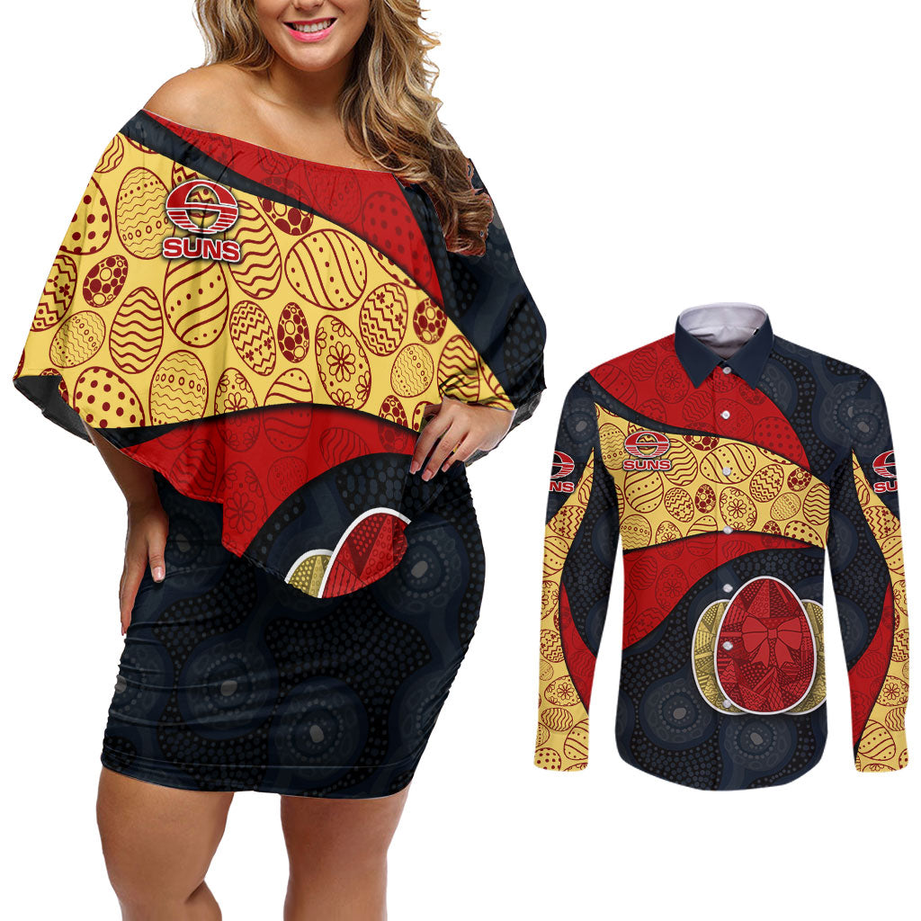 Personalized Suns Football Couples Matching Off Shoulder Short Dress and Long Sleeve Button Shirt Easter Egg Pattern Red Yellow Tribal Dot Art Style