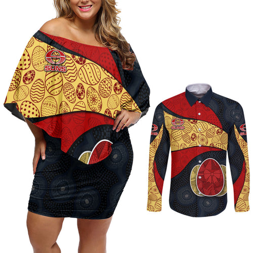 Personalized Suns Football Couples Matching Off Shoulder Short Dress and Long Sleeve Button Shirt Easter Egg Pattern Red Yellow Tribal Dot Art Style