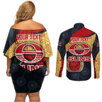 Personalized Suns Football Couples Matching Off Shoulder Short Dress and Long Sleeve Button Shirt Easter Egg Pattern Red Yellow Tribal Dot Art Style