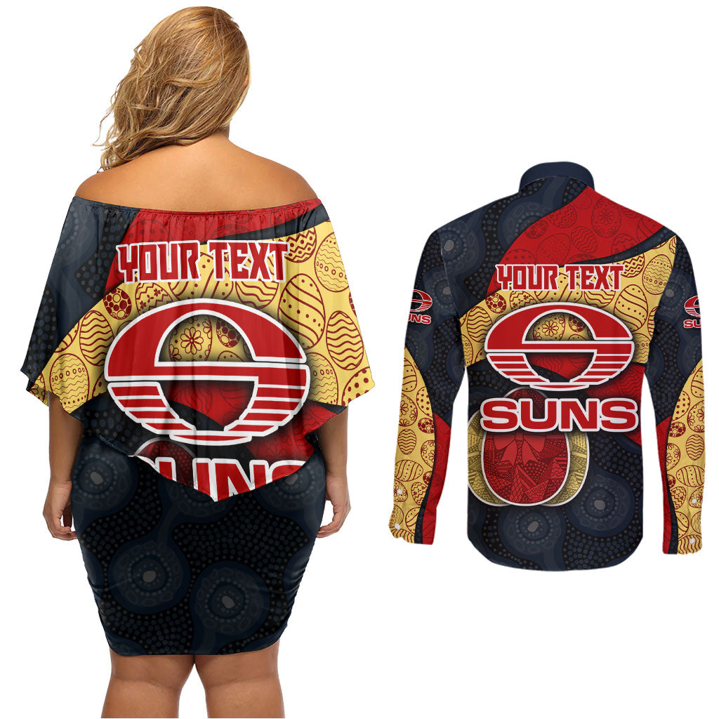 Personalized Suns Football Couples Matching Off Shoulder Short Dress and Long Sleeve Button Shirt Easter Egg Pattern Red Yellow Tribal Dot Art Style