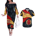 Personalized Suns Football Couples Matching Off The Shoulder Long Sleeve Dress and Hawaiian Shirt Easter Egg Pattern Red Yellow Tribal Dot Art Style