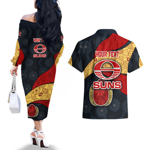 Personalized Suns Football Couples Matching Off The Shoulder Long Sleeve Dress and Hawaiian Shirt Easter Egg Pattern Red Yellow Tribal Dot Art Style