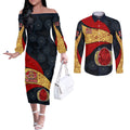 Personalized Suns Football Couples Matching Off The Shoulder Long Sleeve Dress and Long Sleeve Button Shirt Easter Egg Pattern Red Yellow Tribal Dot Art Style
