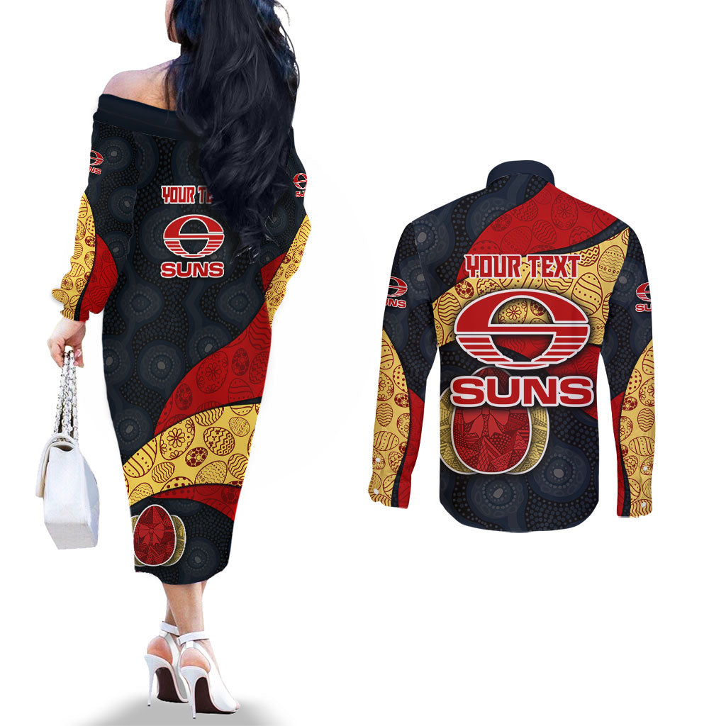 Personalized Suns Football Couples Matching Off The Shoulder Long Sleeve Dress and Long Sleeve Button Shirt Easter Egg Pattern Red Yellow Tribal Dot Art Style