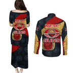 Personalized Suns Football Couples Matching Puletasi and Long Sleeve Button Shirt Easter Egg Pattern Red Yellow Tribal Dot Art Style