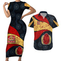 Personalized Suns Football Couples Matching Short Sleeve Bodycon Dress and Hawaiian Shirt Easter Egg Pattern Red Yellow Tribal Dot Art Style