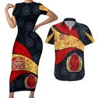 Personalized Suns Football Couples Matching Short Sleeve Bodycon Dress and Hawaiian Shirt Easter Egg Pattern Red Yellow Tribal Dot Art Style