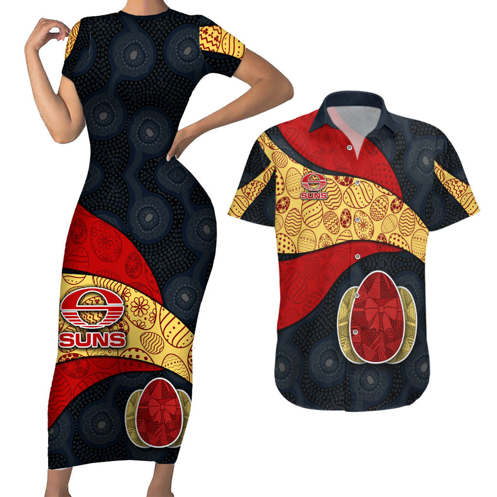 Personalized Suns Football Couples Matching Short Sleeve Bodycon Dress and Hawaiian Shirt Easter Egg Pattern Red Yellow Tribal Dot Art Style