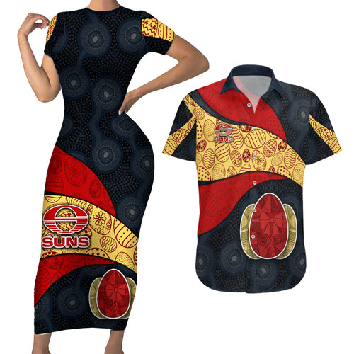 Personalized Suns Football Couples Matching Short Sleeve Bodycon Dress and Hawaiian Shirt Easter Egg Pattern Red Yellow Tribal Dot Art Style