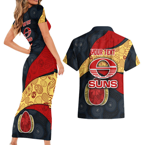 Personalized Suns Football Couples Matching Short Sleeve Bodycon Dress and Hawaiian Shirt Easter Egg Pattern Red Yellow Tribal Dot Art Style