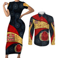 Personalized Suns Football Couples Matching Short Sleeve Bodycon Dress and Long Sleeve Button Shirt Easter Egg Pattern Red Yellow Tribal Dot Art Style