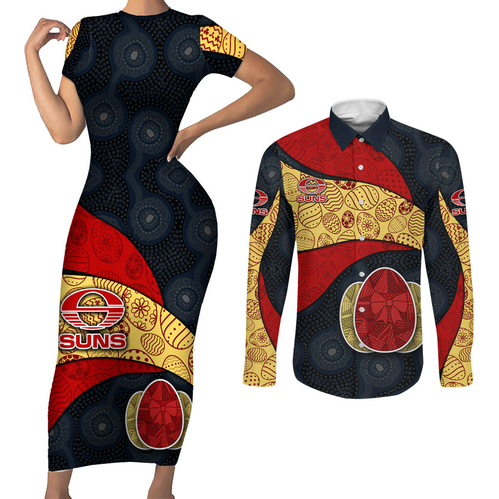 Personalized Suns Football Couples Matching Short Sleeve Bodycon Dress and Long Sleeve Button Shirt Easter Egg Pattern Red Yellow Tribal Dot Art Style