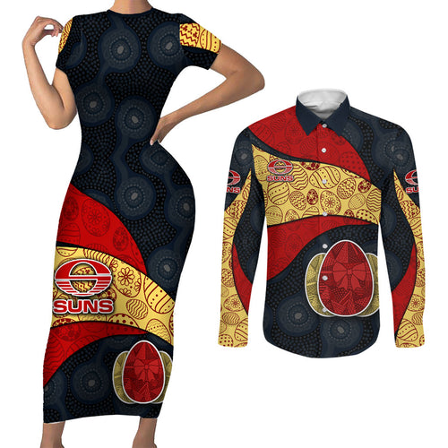 Personalized Suns Football Couples Matching Short Sleeve Bodycon Dress and Long Sleeve Button Shirt Easter Egg Pattern Red Yellow Tribal Dot Art Style