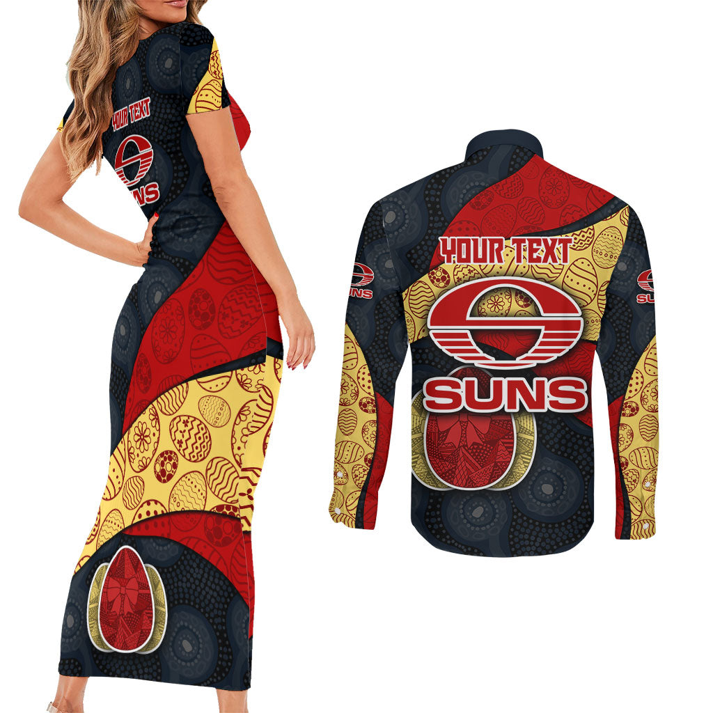 Personalized Suns Football Couples Matching Short Sleeve Bodycon Dress and Long Sleeve Button Shirt Easter Egg Pattern Red Yellow Tribal Dot Art Style