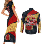 Personalized Suns Football Couples Matching Short Sleeve Bodycon Dress and Long Sleeve Button Shirt Easter Egg Pattern Red Yellow Tribal Dot Art Style