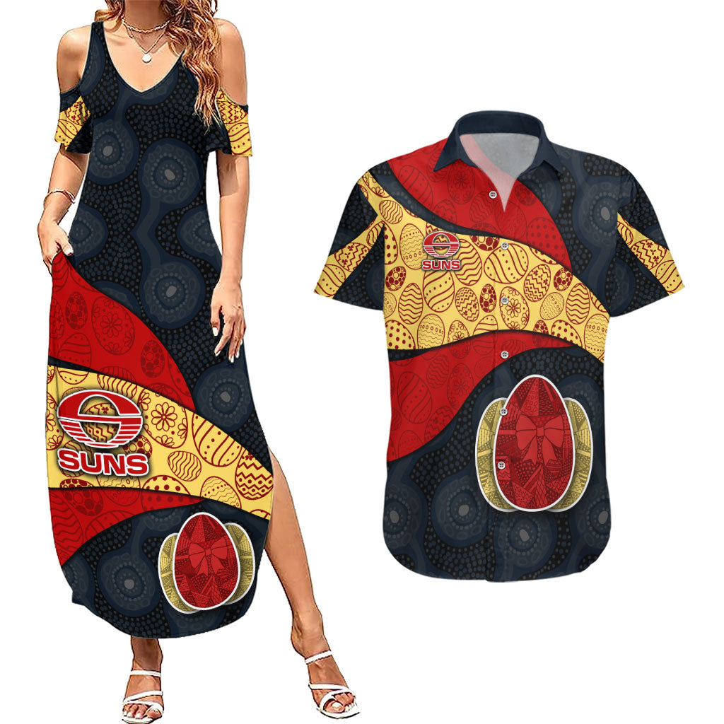 Personalized Suns Football Couples Matching Summer Maxi Dress and Hawaiian Shirt Easter Egg Pattern Red Yellow Tribal Dot Art Style