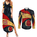 Personalized Suns Football Couples Matching Summer Maxi Dress and Long Sleeve Button Shirt Easter Egg Pattern Red Yellow Tribal Dot Art Style