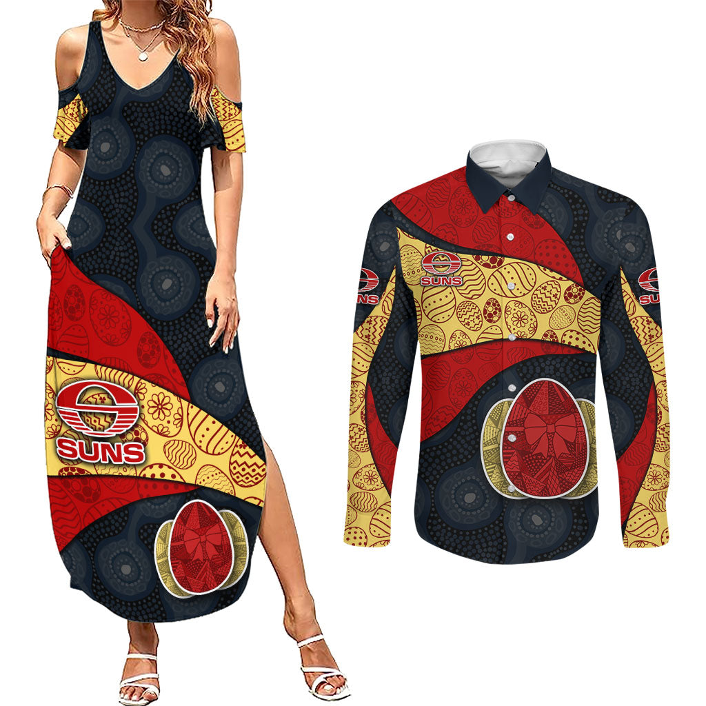 Personalized Suns Football Couples Matching Summer Maxi Dress and Long Sleeve Button Shirt Easter Egg Pattern Red Yellow Tribal Dot Art Style