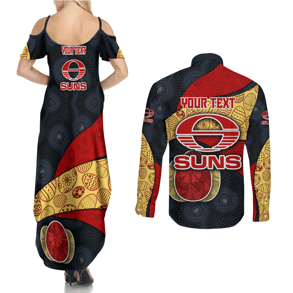 Personalized Suns Football Couples Matching Summer Maxi Dress and Long Sleeve Button Shirt Easter Egg Pattern Red Yellow Tribal Dot Art Style