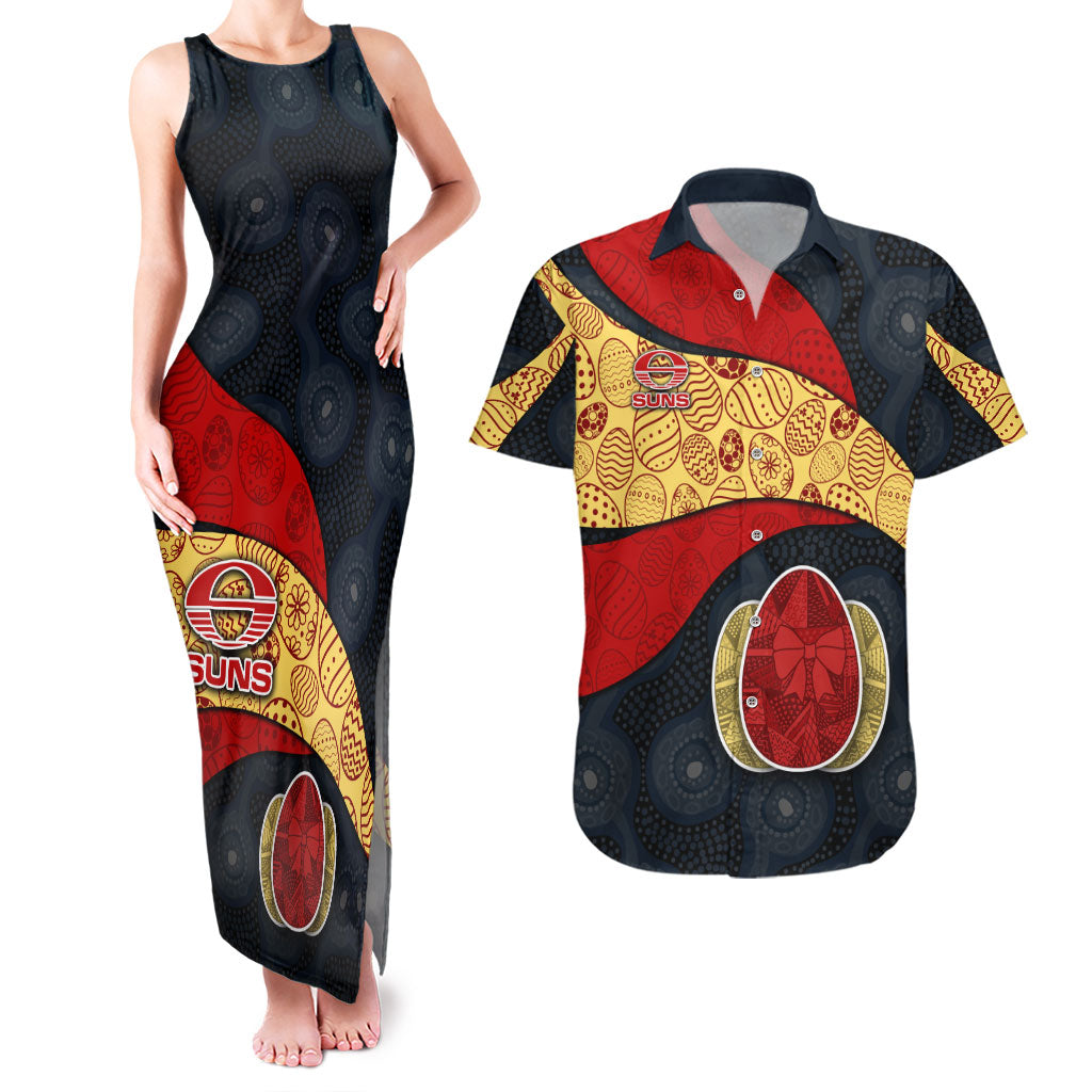 Personalized Suns Football Couples Matching Tank Maxi Dress and Hawaiian Shirt Easter Egg Pattern Red Yellow Tribal Dot Art Style