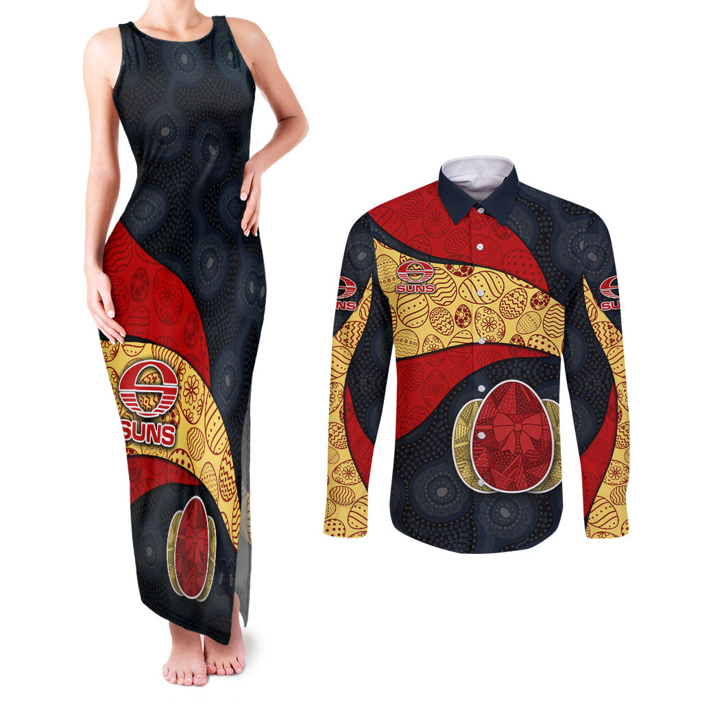 Personalized Suns Football Couples Matching Tank Maxi Dress and Long Sleeve Button Shirt Easter Egg Pattern Red Yellow Tribal Dot Art Style