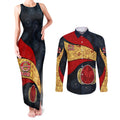 Personalized Suns Football Couples Matching Tank Maxi Dress and Long Sleeve Button Shirt Easter Egg Pattern Red Yellow Tribal Dot Art Style