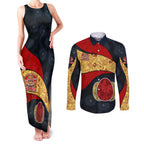 Personalized Suns Football Couples Matching Tank Maxi Dress and Long Sleeve Button Shirt Easter Egg Pattern Red Yellow Tribal Dot Art Style