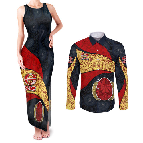 Personalized Suns Football Couples Matching Tank Maxi Dress and Long Sleeve Button Shirt Easter Egg Pattern Red Yellow Tribal Dot Art Style
