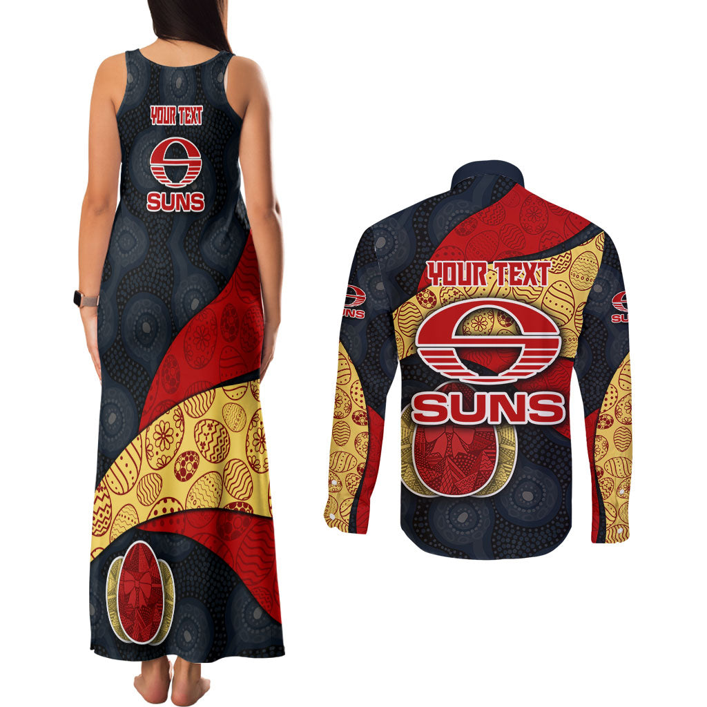 Personalized Suns Football Couples Matching Tank Maxi Dress and Long Sleeve Button Shirt Easter Egg Pattern Red Yellow Tribal Dot Art Style