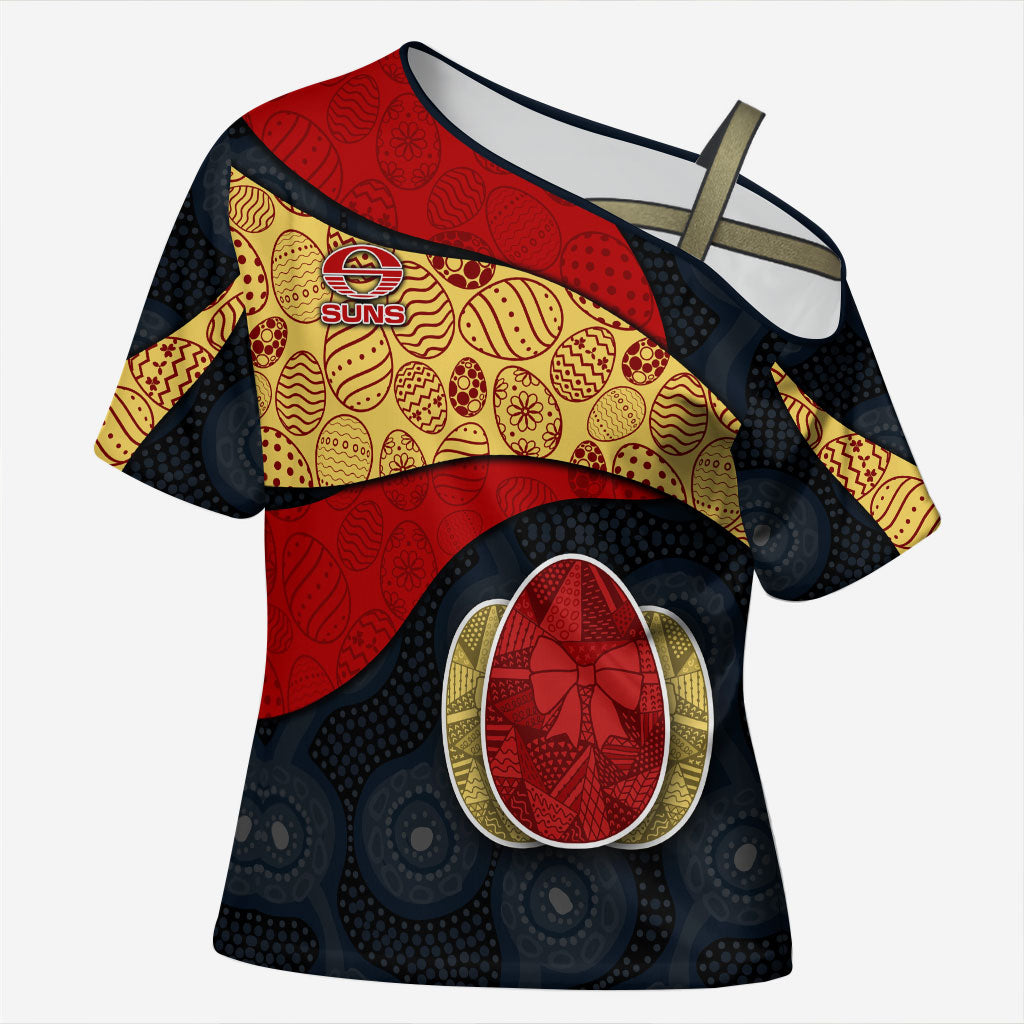 Personalized Suns Football Cross Shoulder Shirt Easter Egg Pattern Red Yellow Tribal Dot Art Style