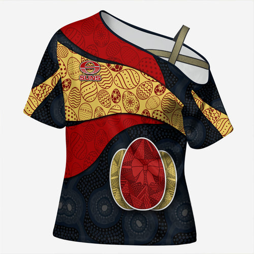 Personalized Suns Football Cross Shoulder Shirt Easter Egg Pattern Red Yellow Tribal Dot Art Style