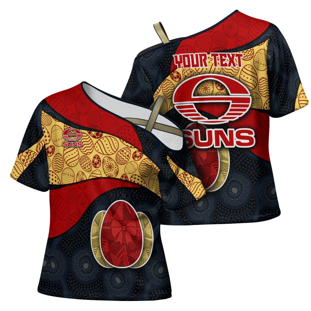 Personalized Suns Football Cross Shoulder Shirt Easter Egg Pattern Red Yellow Tribal Dot Art Style