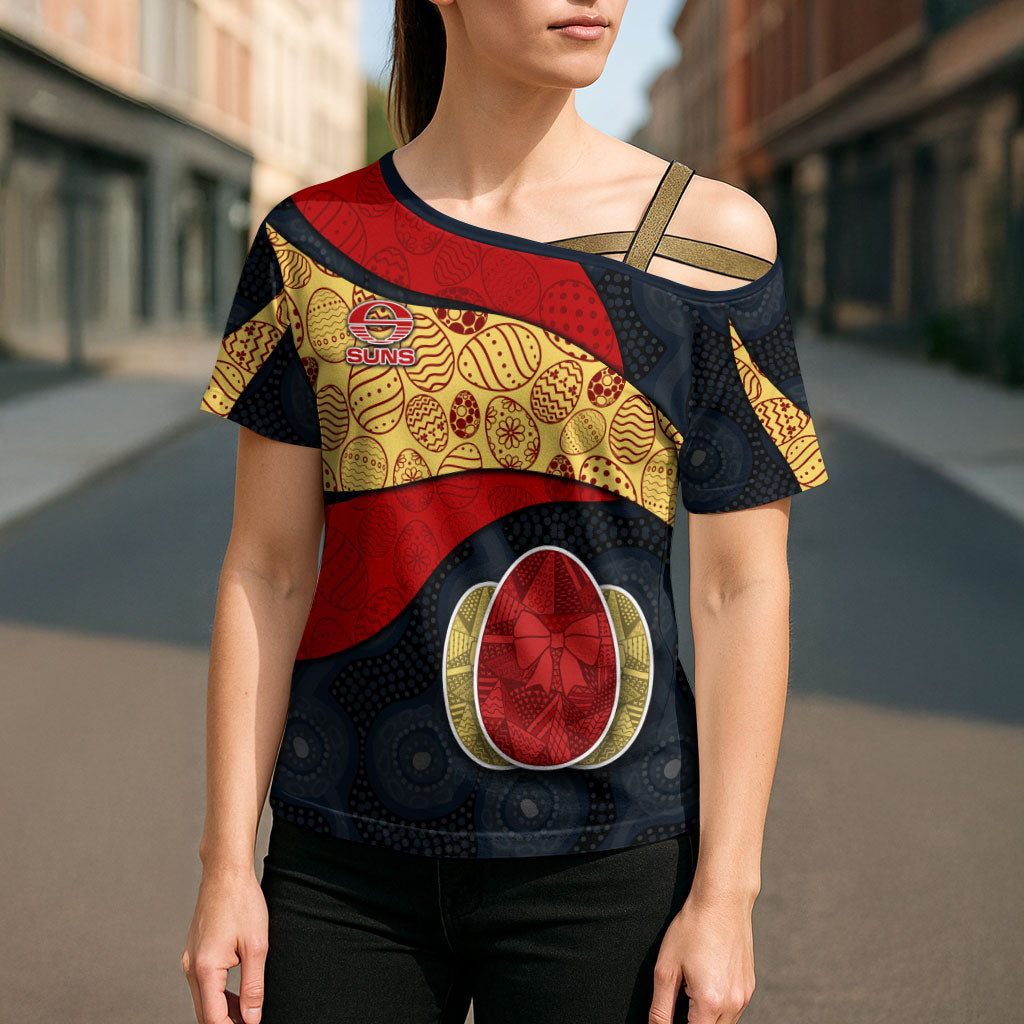 Personalized Suns Football Cross Shoulder Shirt Easter Egg Pattern Red Yellow Tribal Dot Art Style