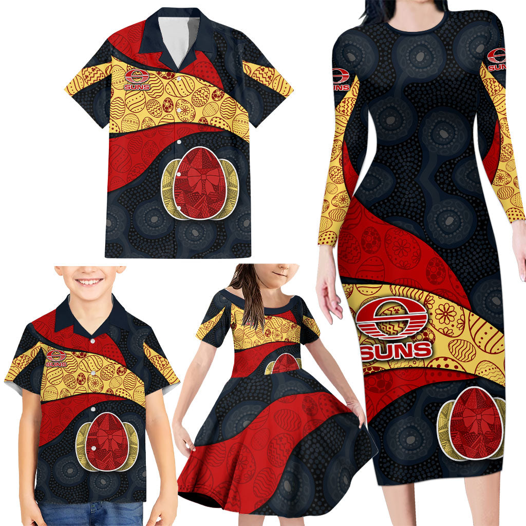 Personalized Suns Football Family Matching Long Sleeve Bodycon Dress and Hawaiian Shirt Easter Egg Pattern Red Yellow Tribal Dot Art Style