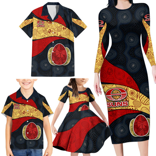 Personalized Suns Football Family Matching Long Sleeve Bodycon Dress and Hawaiian Shirt Easter Egg Pattern Red Yellow Tribal Dot Art Style