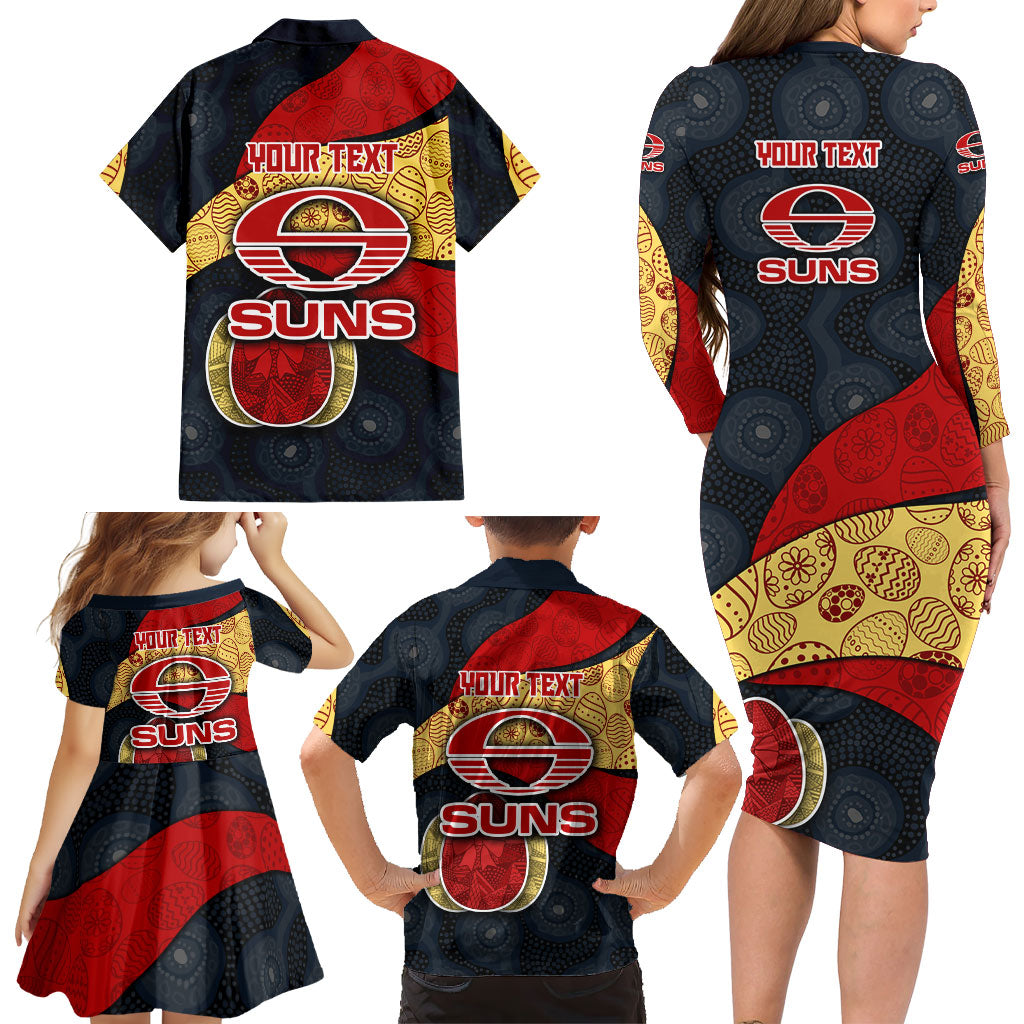Personalized Suns Football Family Matching Long Sleeve Bodycon Dress and Hawaiian Shirt Easter Egg Pattern Red Yellow Tribal Dot Art Style